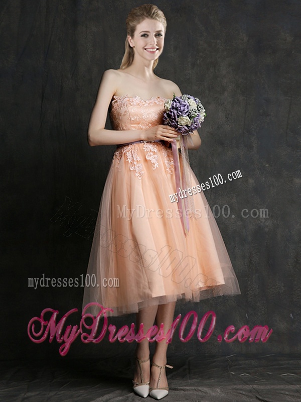 Hot Sale Strapless Peach Bridesmaid Dress with Sashes and Lace