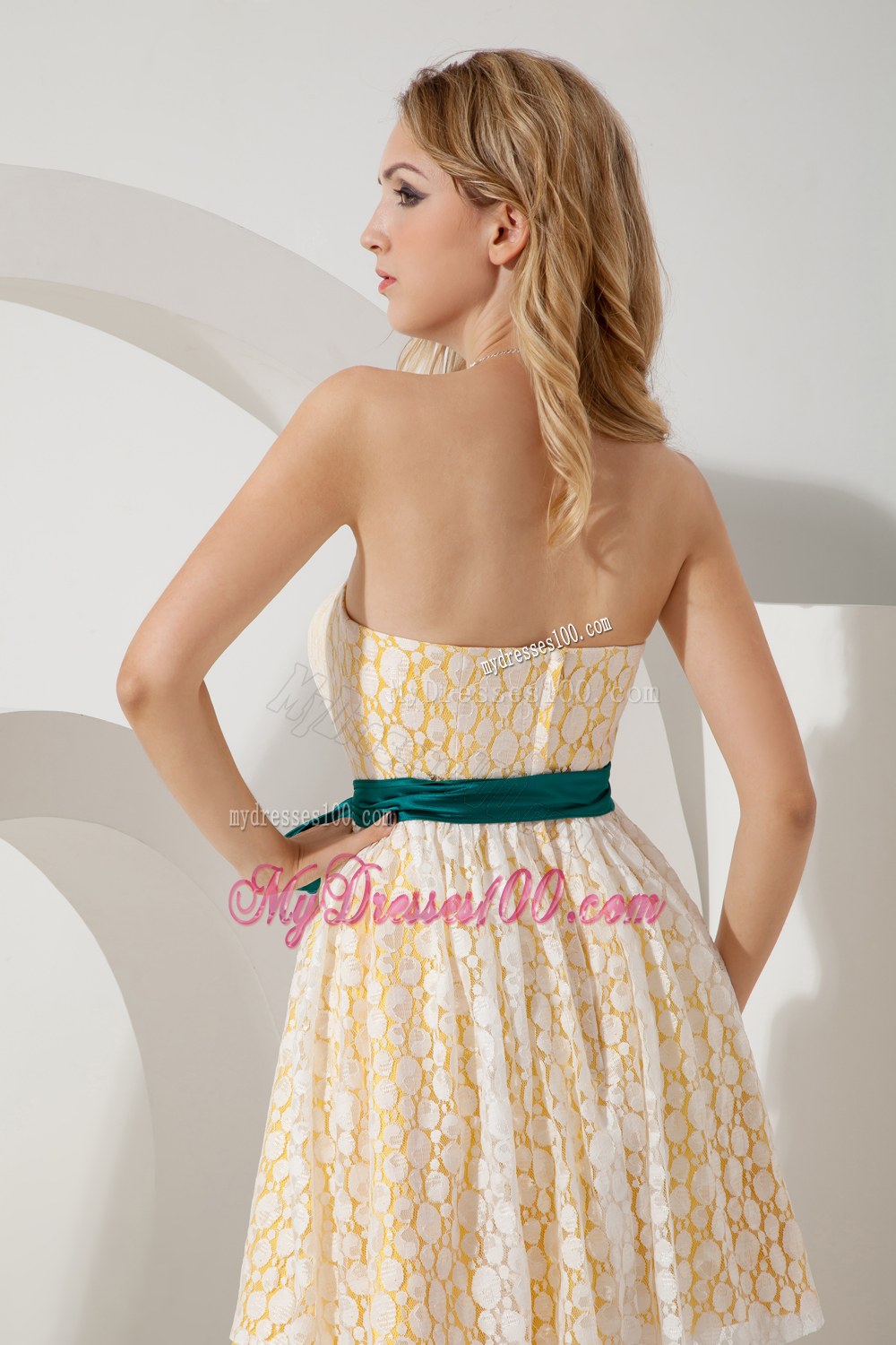 Yellow A-line Strapless Bridesmaid Dress with Sash Knee-length