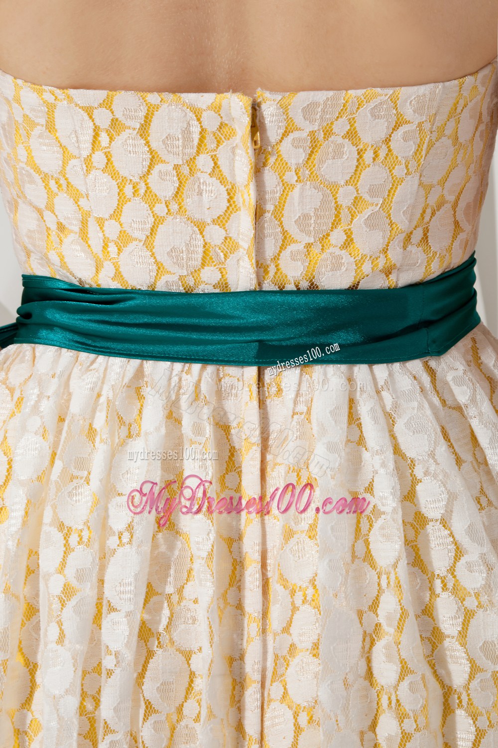 Yellow A-line Strapless Bridesmaid Dress with Sash Knee-length