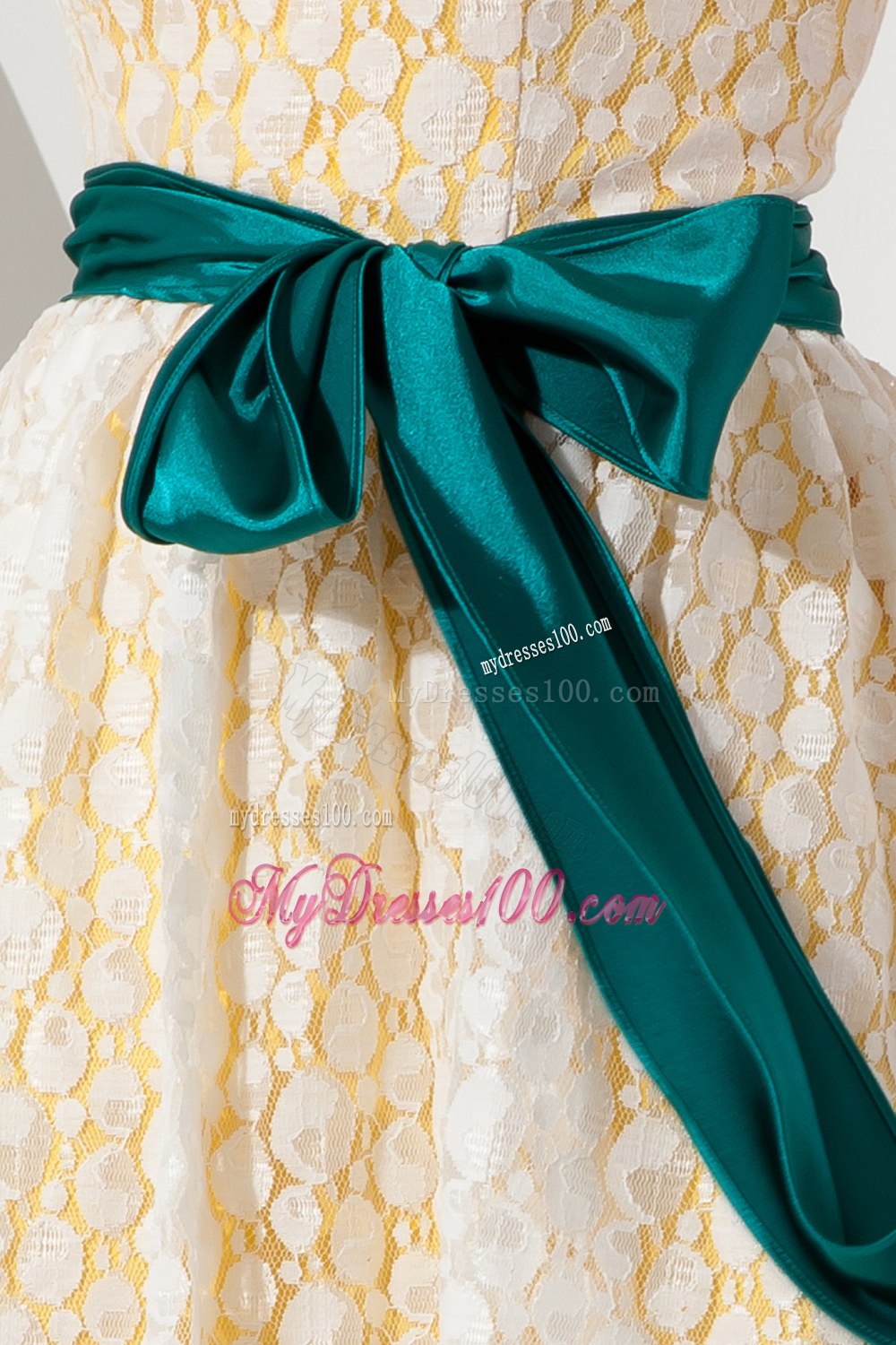 Yellow A-line Strapless Bridesmaid Dress with Sash Knee-length
