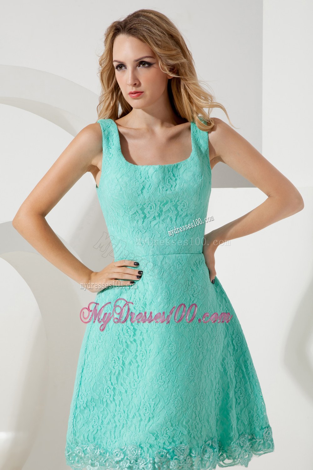 Turquoise A-line Square Knee-length Bridesmaid Dress with Lace