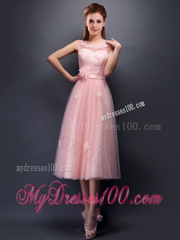 Lovely Hand Made Flowers and Applique Scoop Bridesmaid Dress in Baby Pink