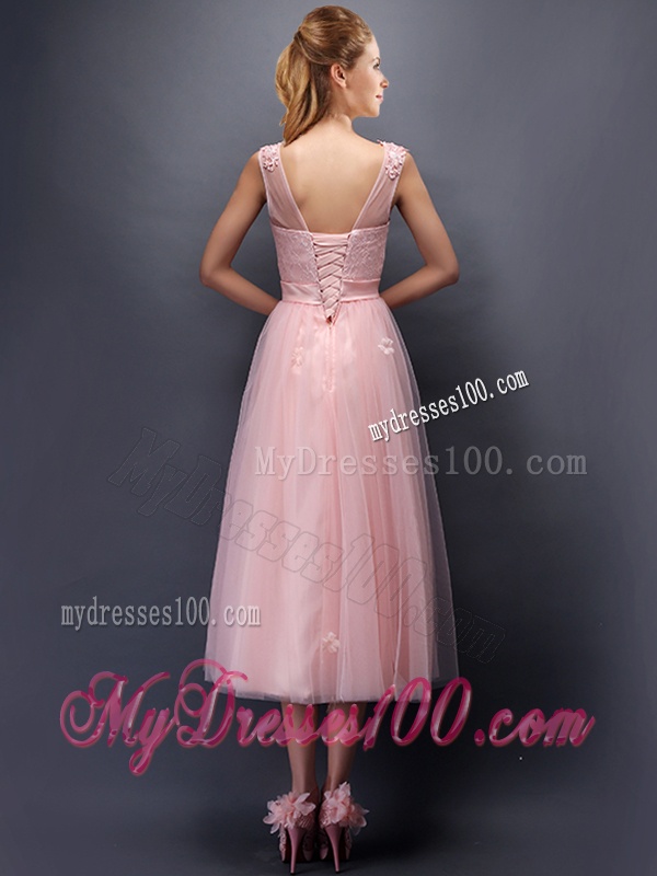 Lovely Hand Made Flowers and Applique Scoop Bridesmaid Dress in Baby Pink