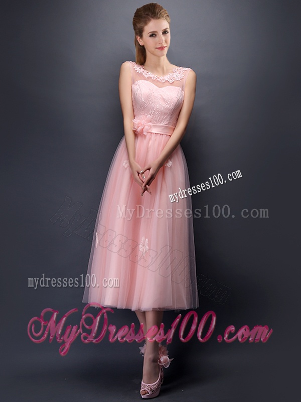 Lovely Hand Made Flowers and Applique Scoop Bridesmaid Dress in Baby Pink
