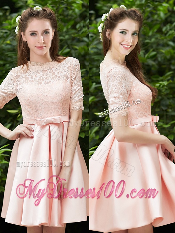 Lovely High Neck Short Sleeves Bridesmaid Dress with Lace and Bowknot