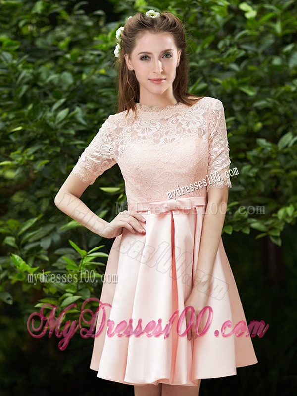 Lovely High Neck Short Sleeves Bridesmaid Dress with Lace and Bowknot