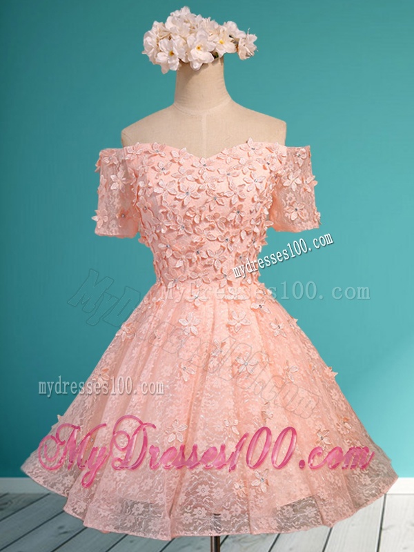 Lovely Off the Shoulder Short Sleeves Bridesmaid Dress with Appliques and Beading