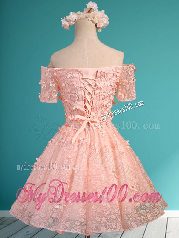 Lovely Off the Shoulder Short Sleeves Bridesmaid Dress with Appliques and Beading