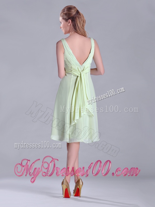 Lovely Tea Length Ruched and Belted Bridesmaid Dress in Yellow Green