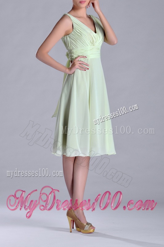 Lovely Tea Length Ruched and Belted Bridesmaid Dress in Yellow Green