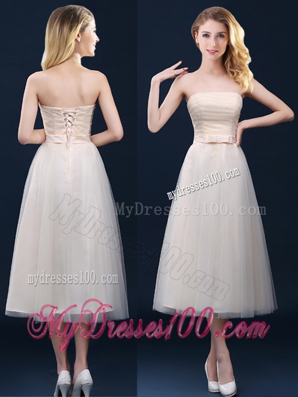 Low Price Strapless Belt Champagne Long Bridesmaid Dress in Tulle