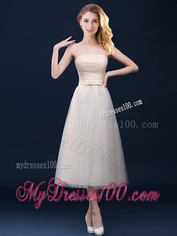 Low Price Strapless Belt Champagne Long Bridesmaid Dress in Tulle
