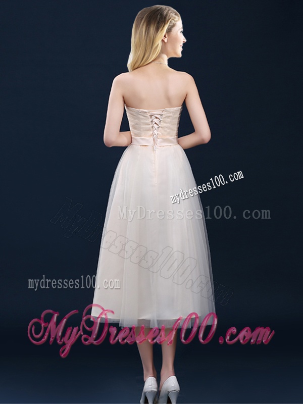 Low Price Strapless Belt Champagne Long Bridesmaid Dress in Tulle