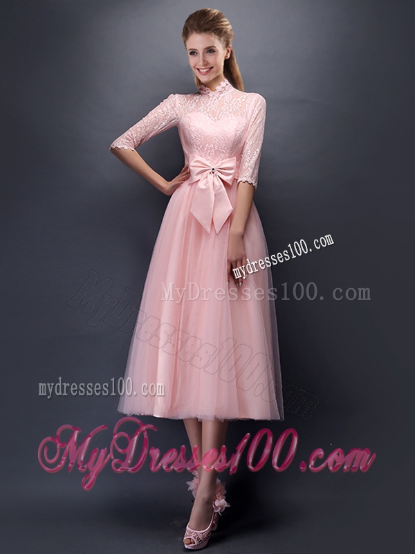 Luxurious Laced High Neck Half Sleeves Bridesmaid Dress with Bowknot