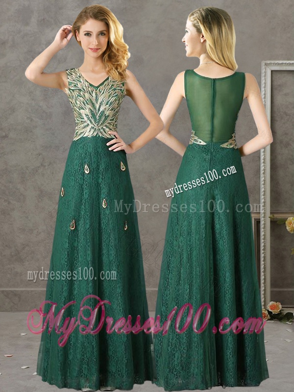 Luxurious V Neck Dark Green Bridesmaid Dress with Appliques and Beading