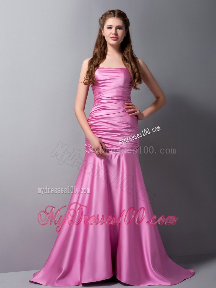 Rose Pink Mermaid Strapless Ruche Brush Train Bridemaid Dress