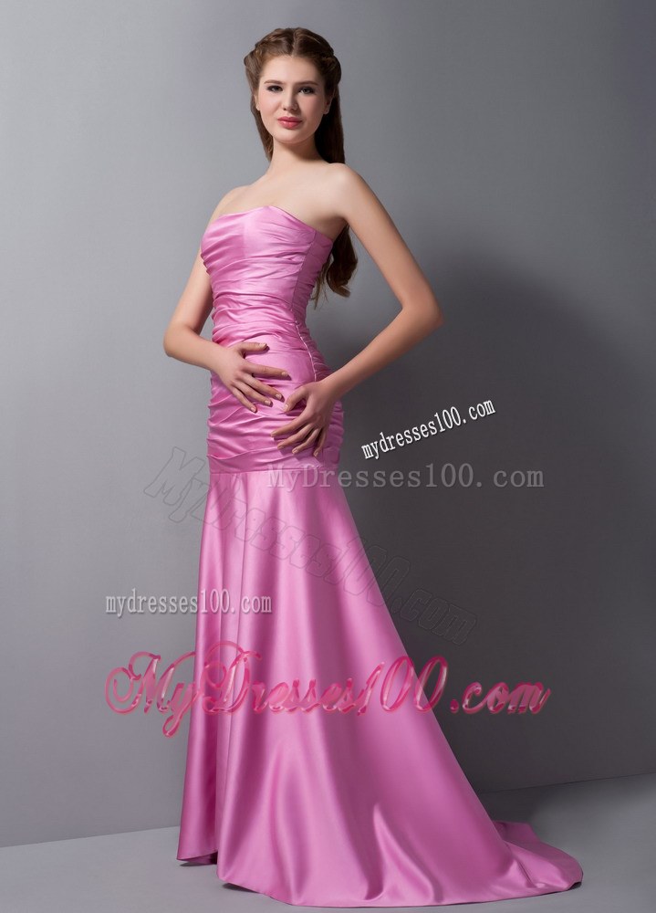Rose Pink Mermaid Strapless Ruche Brush Train Bridemaid Dress