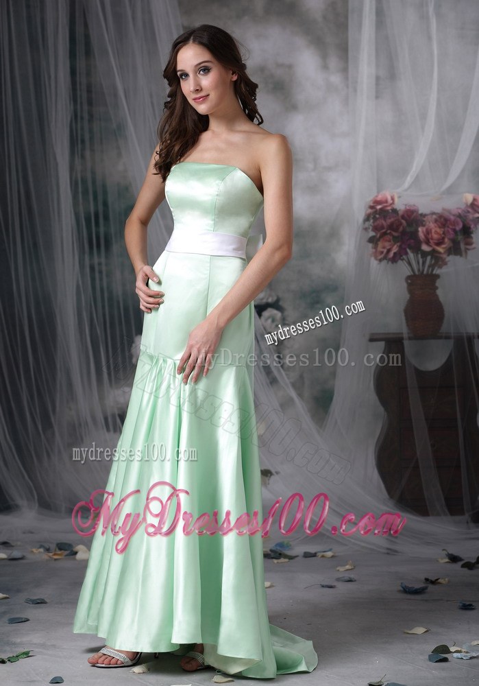 Elegant Apple Green Evening Dress Column Strapless Brush Train Satin Sash