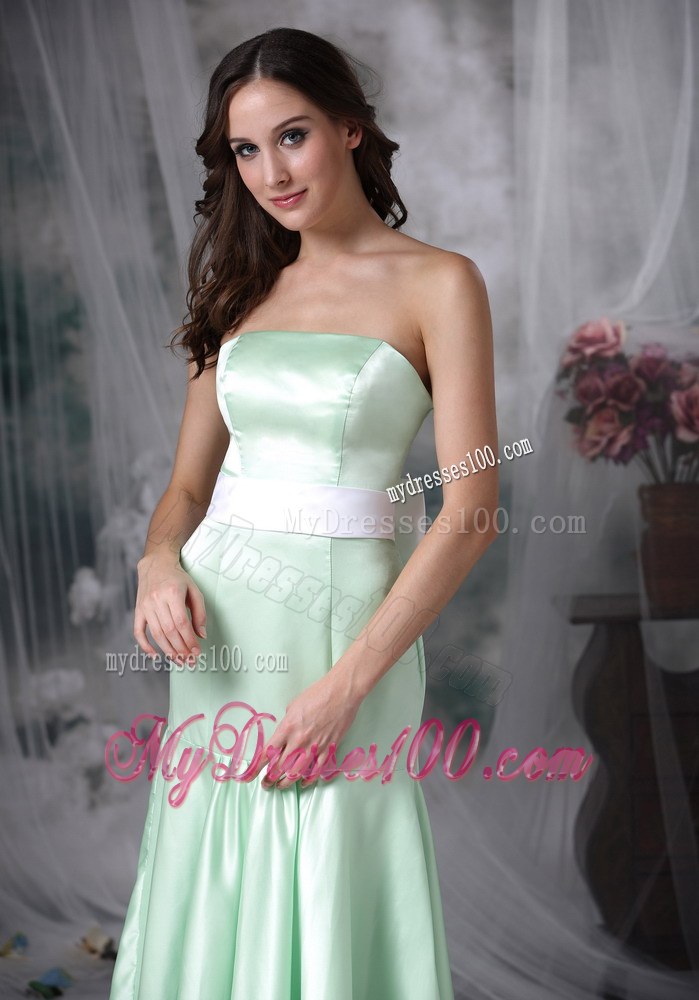 Elegant Apple Green Evening Dress Column Strapless Brush Train Satin Sash