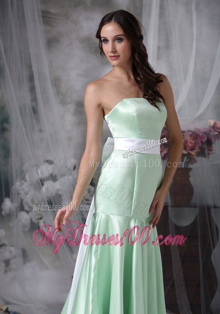 Elegant Apple Green Evening Dress Column Strapless Brush Train Satin Sash