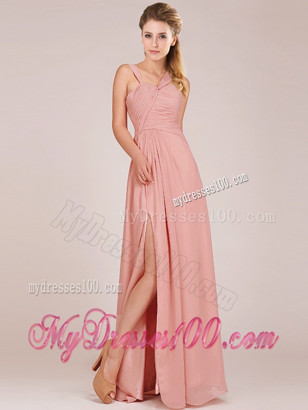 Modern Straps Peach Bridesmaid Dress with Ruching and High Slit