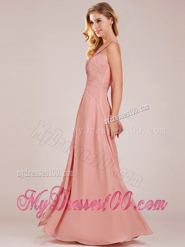Modern Straps Peach Bridesmaid Dress with Ruching and High Slit