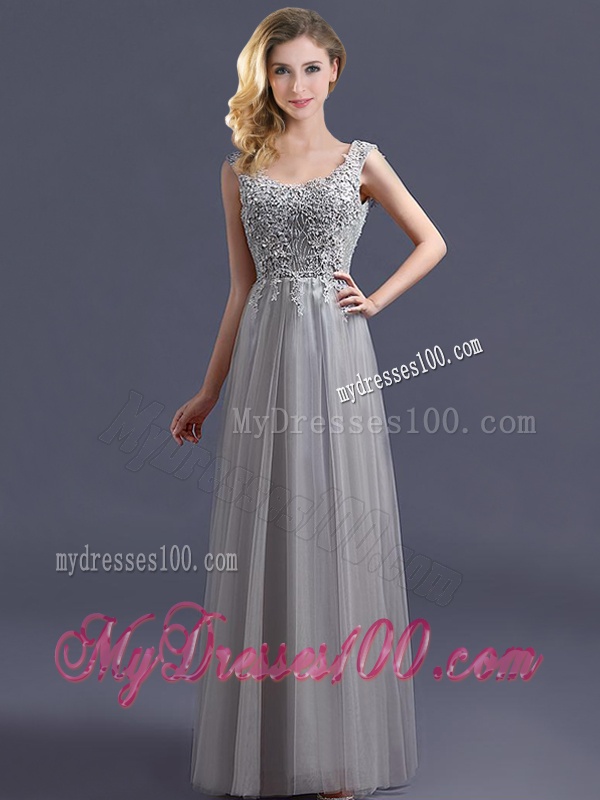 Most Popular Scoop Grey Long Bridesmaid Dress with Appliques