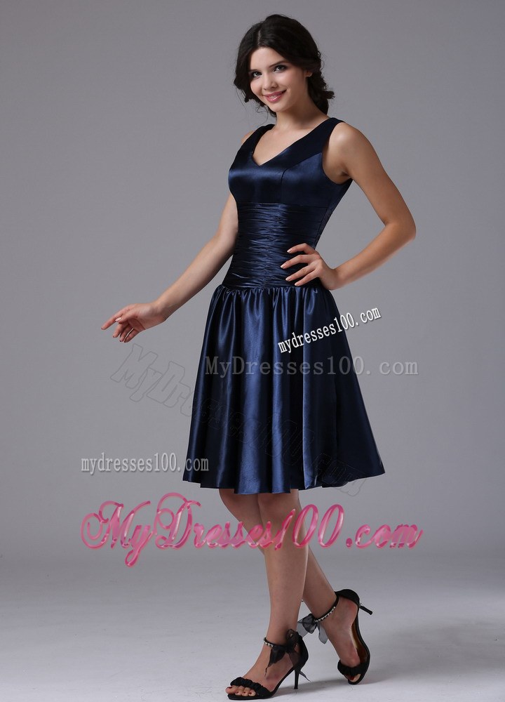 V-neck Empire and Ruch For Navy Blue Prom Dress In Bellflower California
