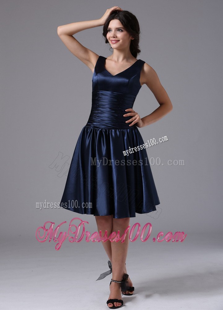 V-neck Empire and Ruch For Navy Blue Prom Dress In Bellflower California