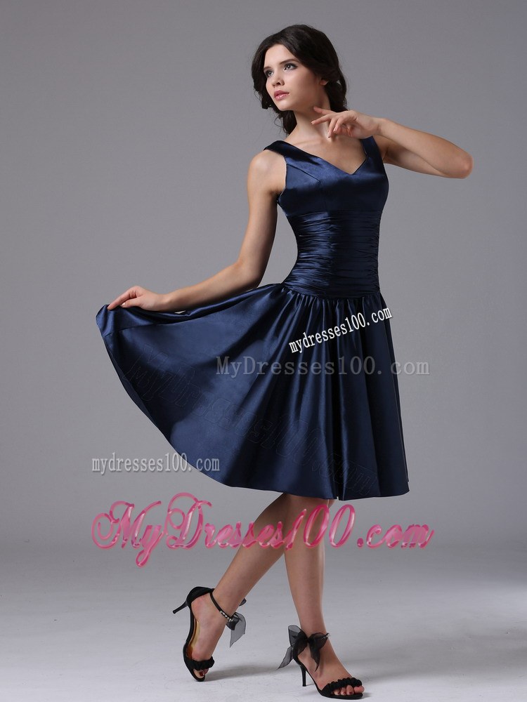 V-neck Empire and Ruch For Navy Blue Prom Dress In Bellflower California