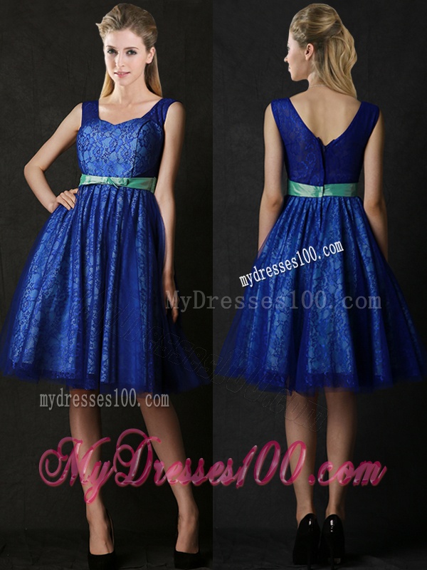 New Arrivals Belted and Laced Blue Bridesmaid Dress in Knee Length