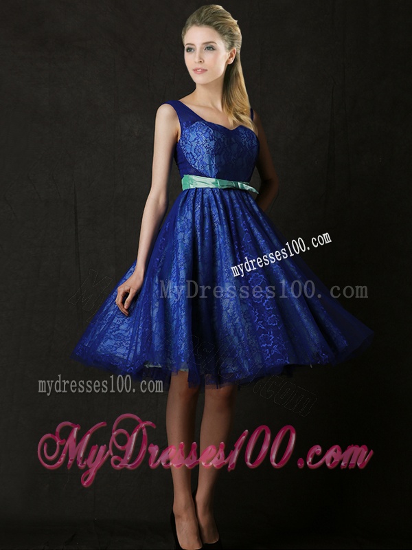 New Arrivals Belted and Laced Blue Bridesmaid Dress in Knee Length