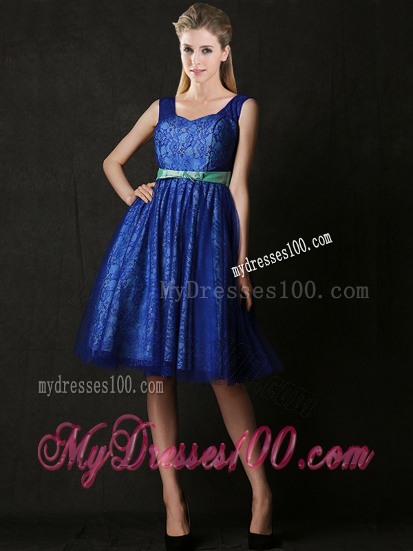 New Arrivals Belted and Laced Blue Bridesmaid Dress in Knee Length