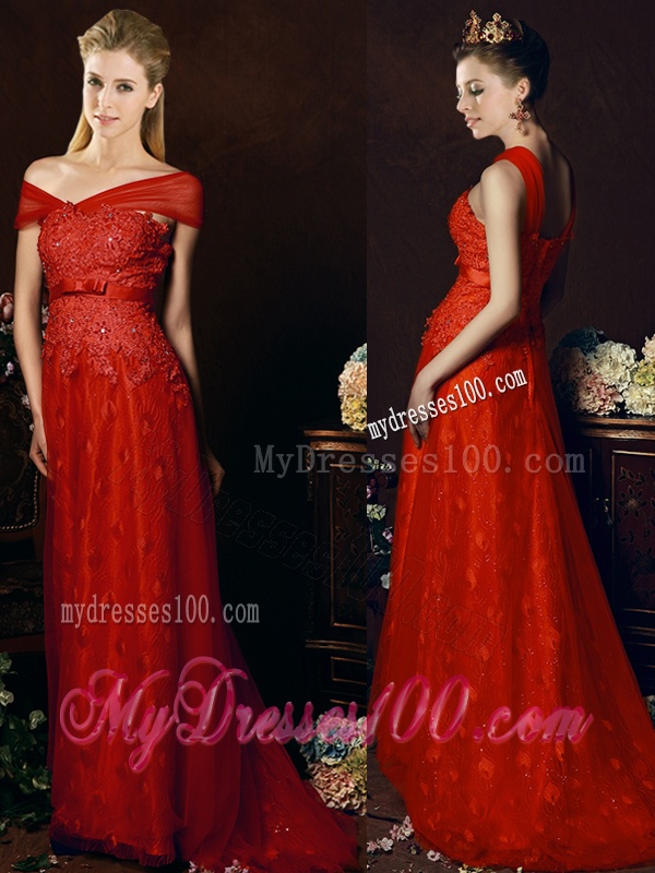 Off The Shoulder Belted and Laced Bridesmaid Dress with Brush Train