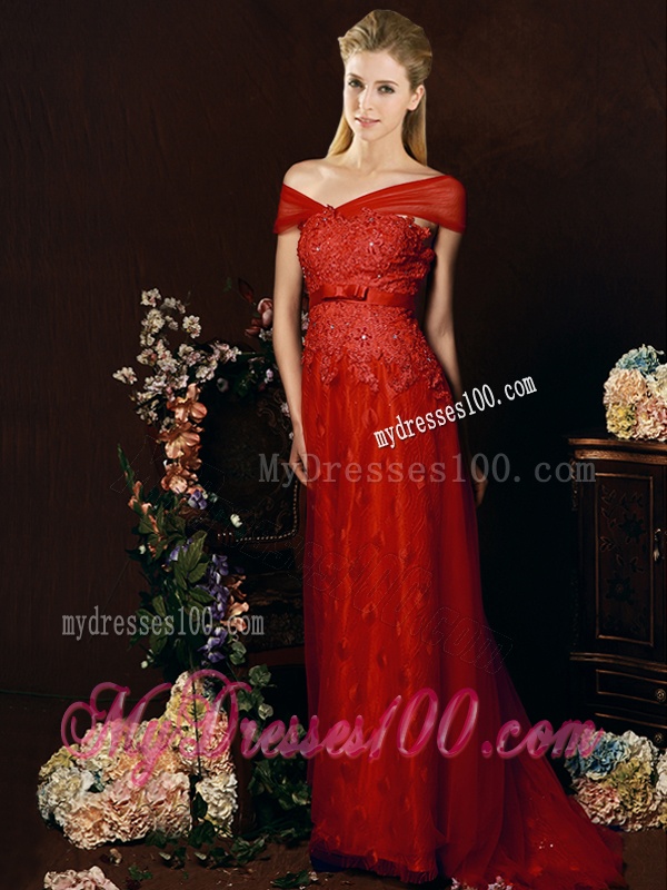 Off The Shoulder Belted and Laced Bridesmaid Dress with Brush Train