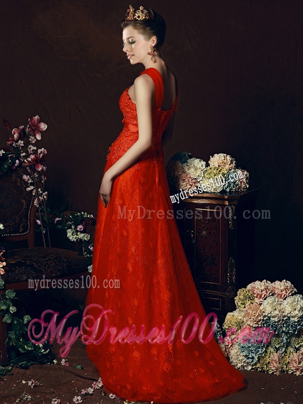Off The Shoulder Belted and Laced Bridesmaid Dress with Brush Train
