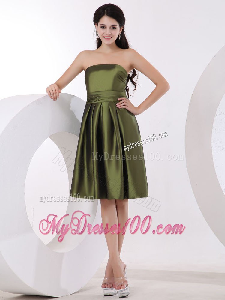 Olive Green Bridesmaid Dress With Strapless and Knee-length