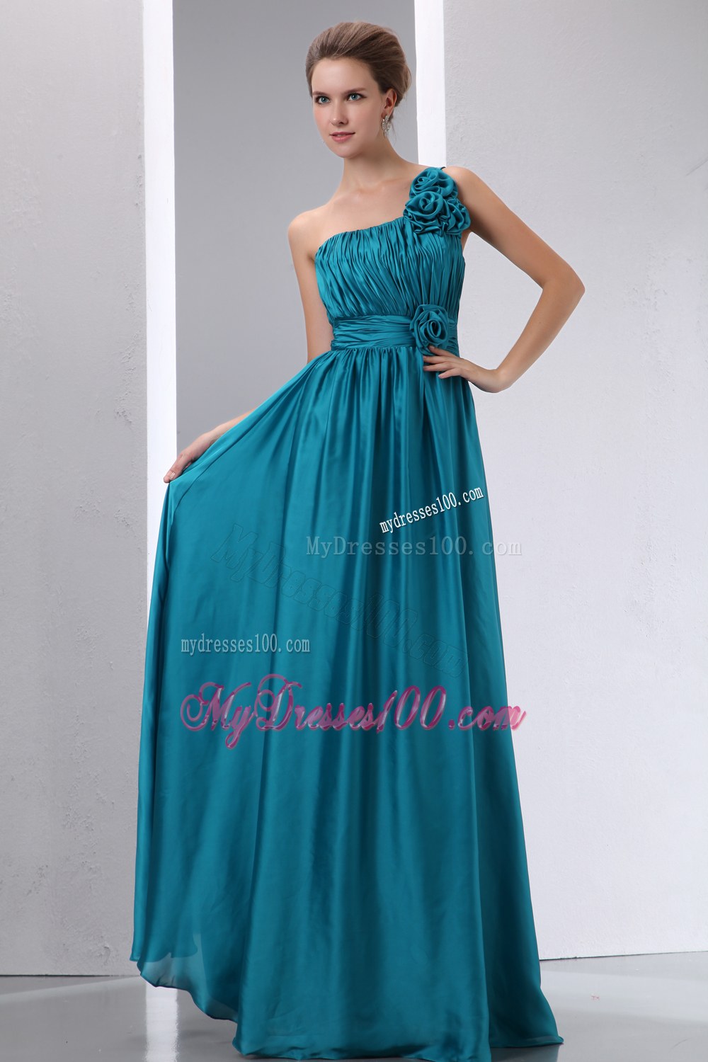 Cheap Teal Prom Dress Empire One Shoulder Hand Made Flowers and Ruch Floor-length Chiffon and Elastic Wove Satin