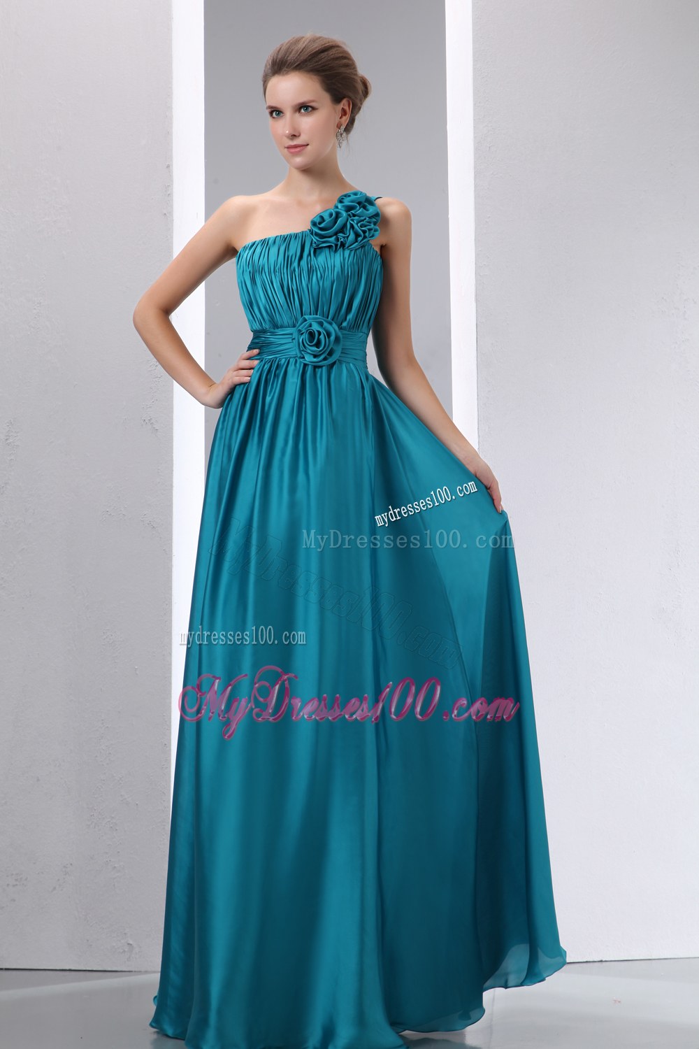 Cheap Teal Prom Dress Empire One Shoulder Hand Made Flowers and Ruch Floor-length Chiffon and Elastic Wove Satin