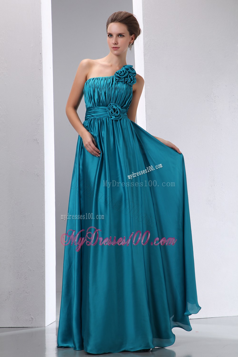 Cheap Teal Prom Dress Empire One Shoulder Hand Made Flowers and Ruch Floor-length Chiffon and Elastic Wove Satin