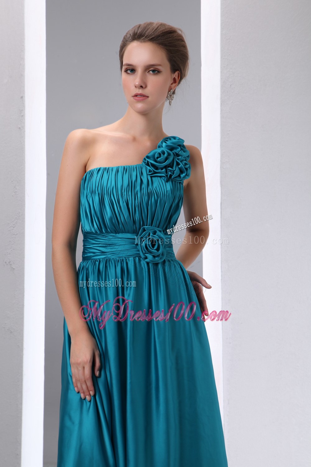 Cheap Teal Prom Dress Empire One Shoulder Hand Made Flowers and Ruch Floor-length Chiffon and Elastic Wove Satin