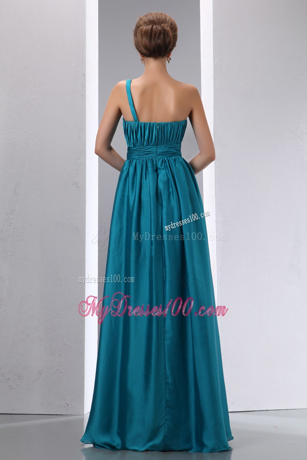 Cheap Teal Prom Dress Empire One Shoulder Hand Made Flowers and Ruch Floor-length Chiffon and Elastic Wove Satin