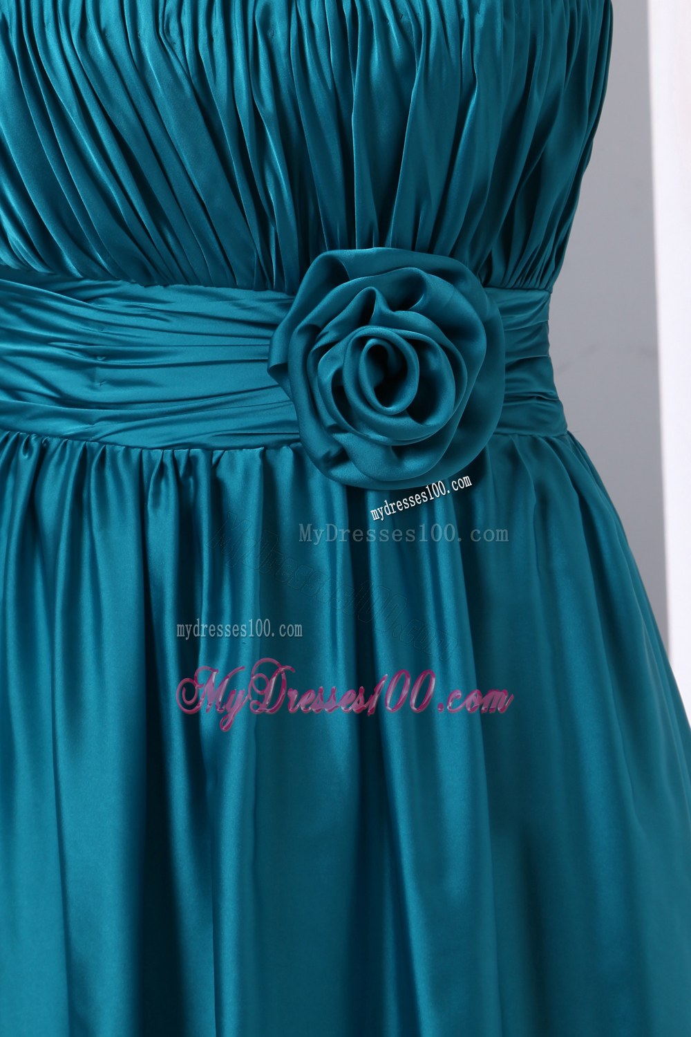 Cheap Teal Prom Dress Empire One Shoulder Hand Made Flowers and Ruch Floor-length Chiffon and Elastic Wove Satin