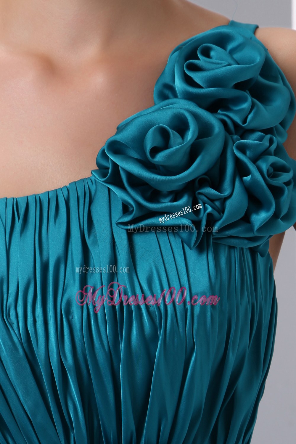 Cheap Teal Prom Dress Empire One Shoulder Hand Made Flowers and Ruch Floor-length Chiffon and Elastic Wove Satin