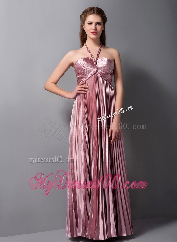 Pink Column Halter Elastic Woven Satin Pleat Bridemaid Dress
