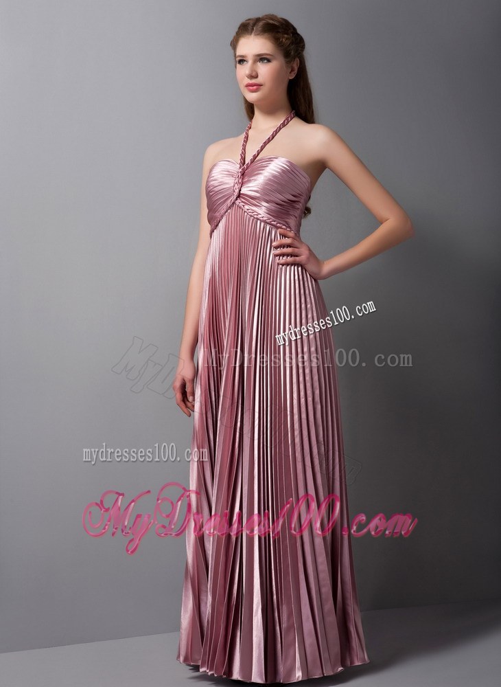 Pink Column Halter Elastic Woven Satin Pleat Bridemaid Dress