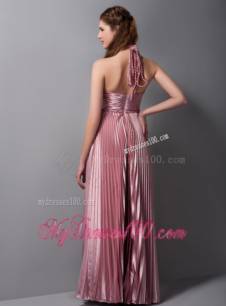 Pink Column Halter Elastic Woven Satin Pleat Bridemaid Dress