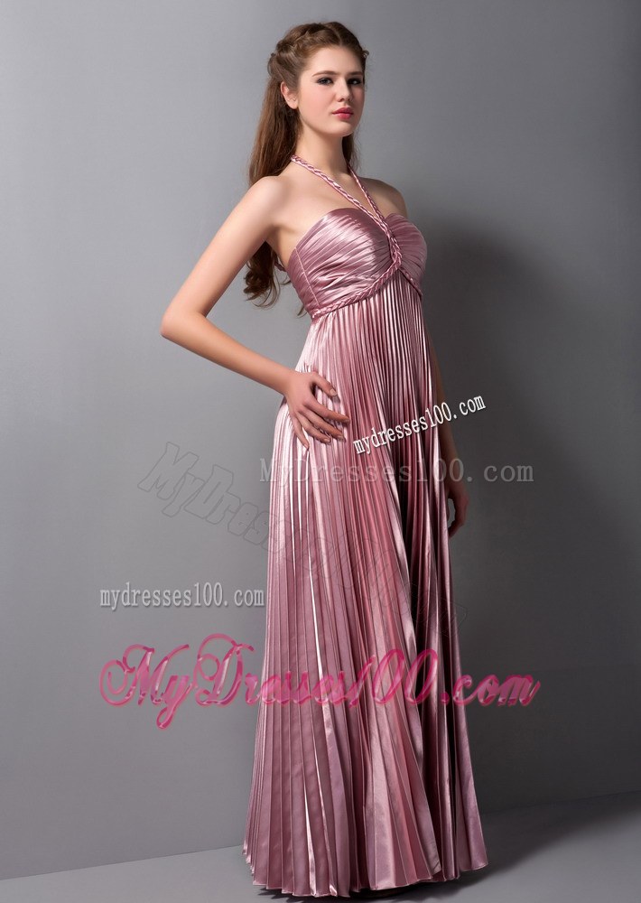 Pink Column Halter Elastic Woven Satin Pleat Bridemaid Dress