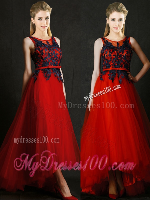 Perfect High Low Belted and Black Applique Bridesmaid Dress in Red
