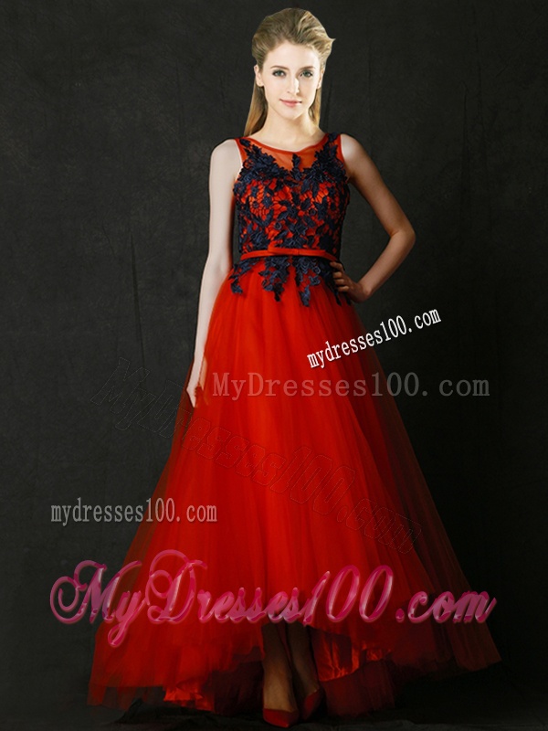 Perfect High Low Belted and Black Applique Bridesmaid Dress in Red